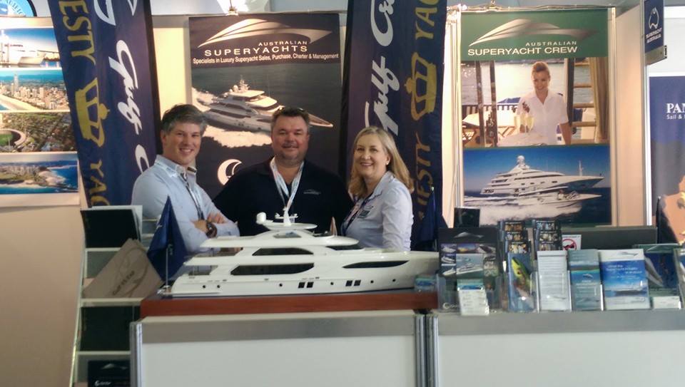 Erwin Bamps, COO Gulf Craft, with Richard and Donna Morris of Australian Superyachts at the Sanctuary Cove Boat Show